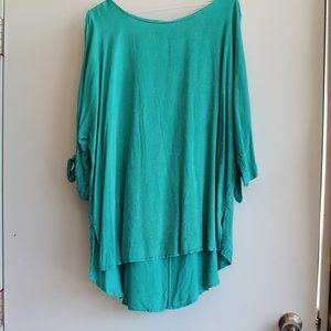 Umgee Teal A-Line Tunic w/ Peek-A-Boo Shoulders and Ties at Bottom Of Sleeves
